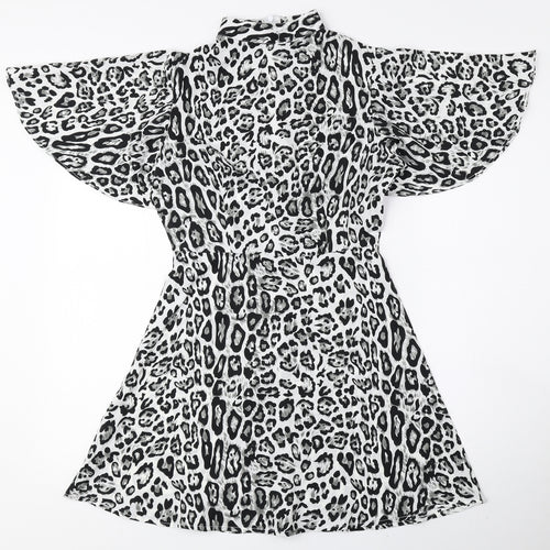 Boohoo Womens Black Animal Print Polyester Fit & Flare Size 6 High Neck Zip - Petite