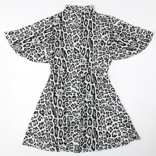 Boohoo Womens Black Animal Print Polyester Fit & Flare Size 6 High Neck Zip - Petite