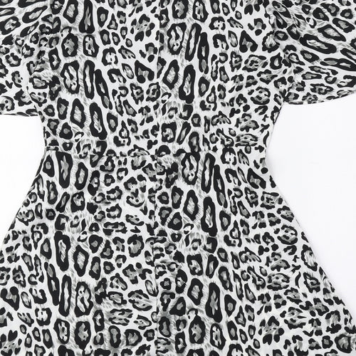 Boohoo Womens Black Animal Print Polyester Fit & Flare Size 6 High Neck Zip - Petite