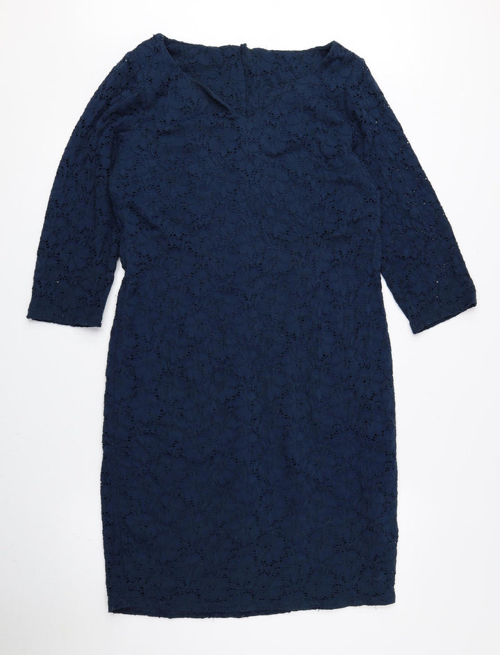 Preworn Womens Blue Nylon Pencil Dress Size 14 V-Neck Zip