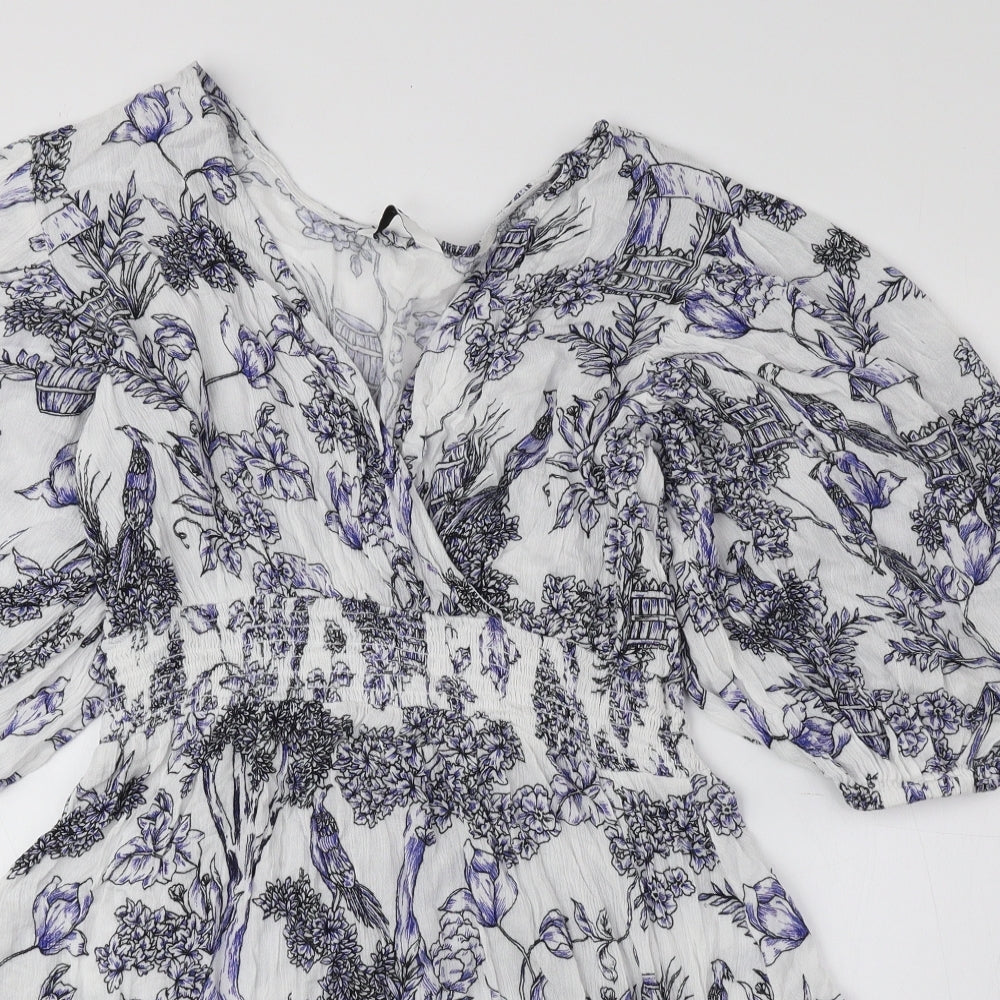 Very Womens Blue Floral Viscose Fit & Flare Size 12 V-Neck Pullover