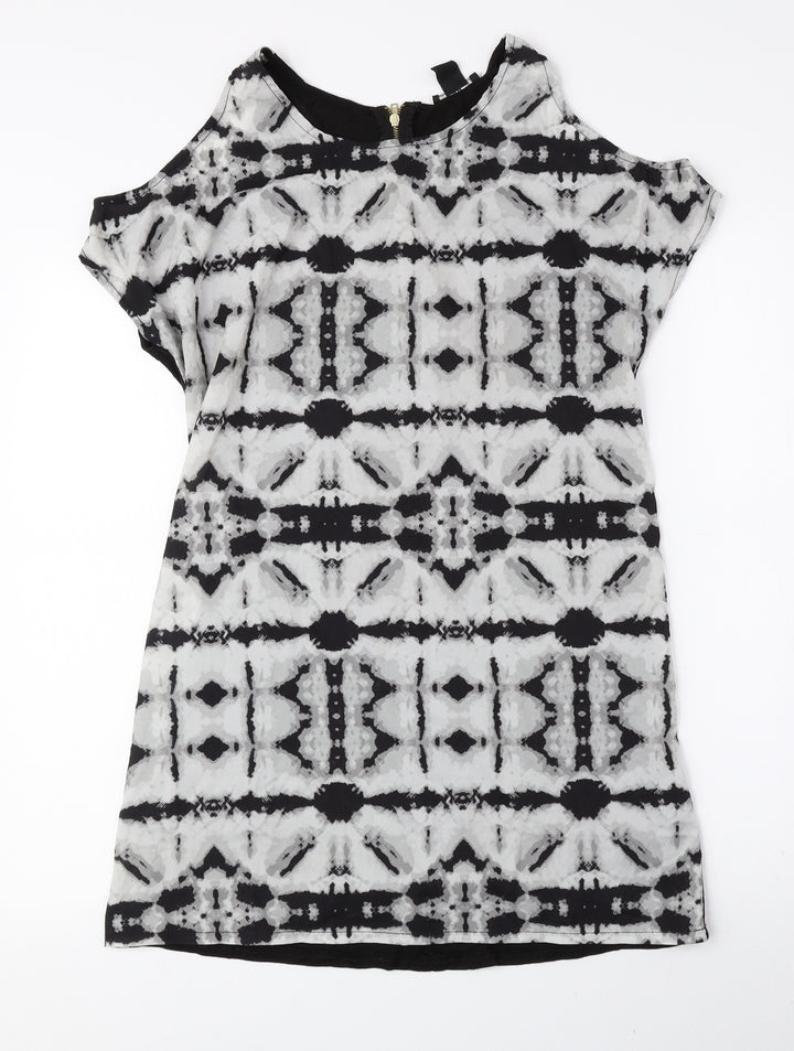 H&M Womens Grey Geometric Polyester A-Line Size XS Round Neck Zip