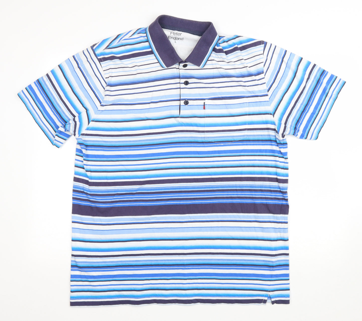 Peter England Mens Blue Striped Cotton T-Shirt Size L Collared