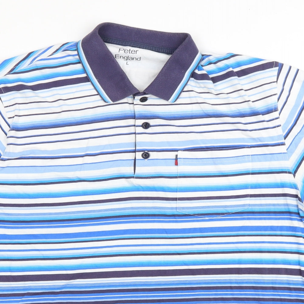 Peter England Mens Blue Striped Cotton T-Shirt Size L Collared