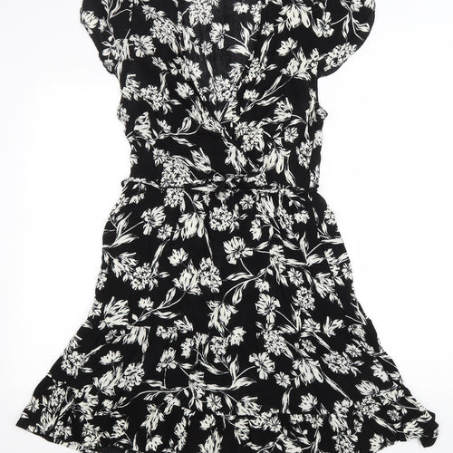 New Look Womens Black Floral Viscose Fit & Flare Size 10 V-Neck Pullover