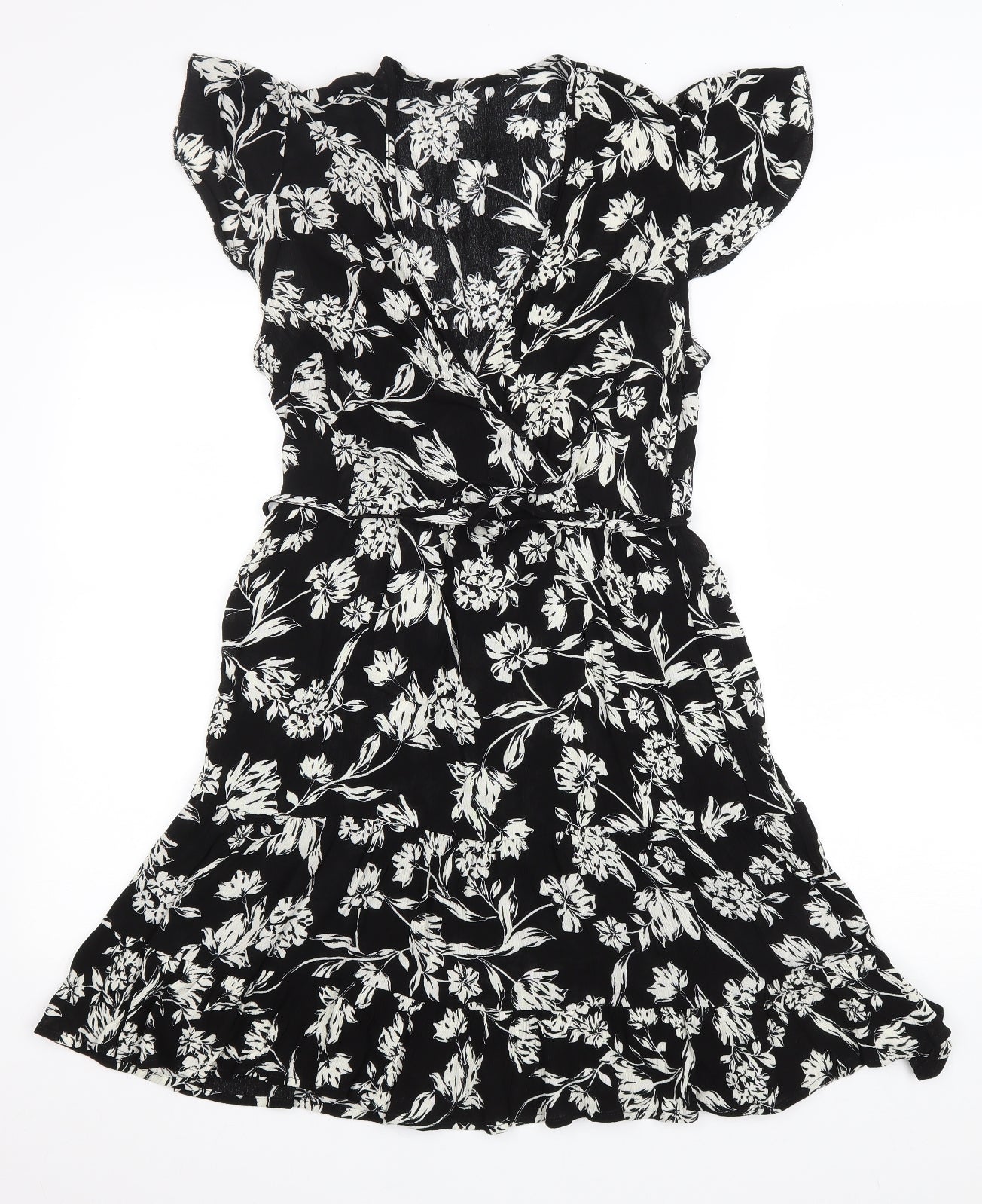 New Look Womens Black Floral Viscose Fit & Flare Size 10 V-Neck Pullover