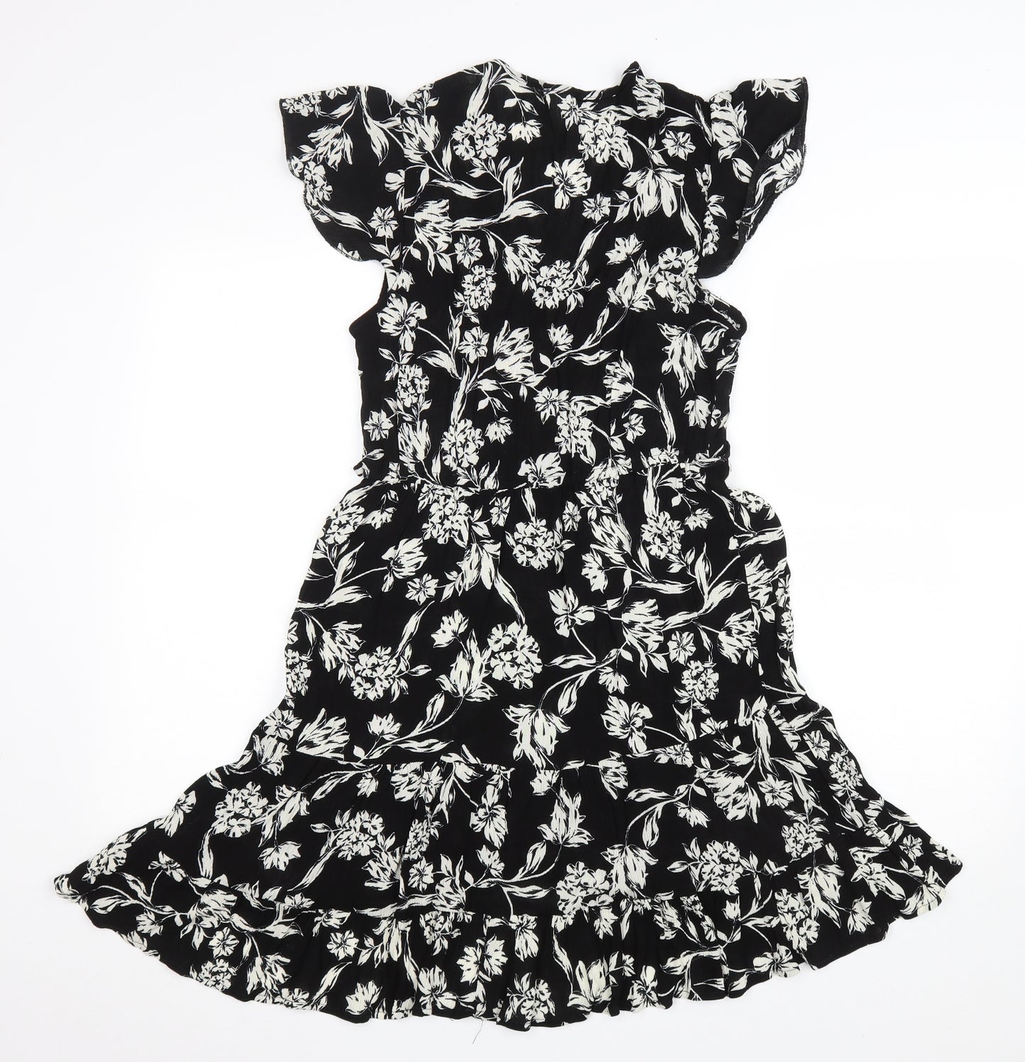 New Look Womens Black Floral Viscose Fit & Flare Size 10 V-Neck Pullover