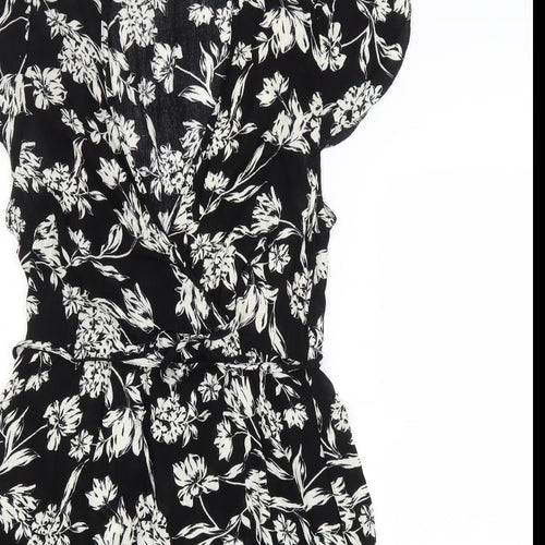 New Look Womens Black Floral Viscose Fit & Flare Size 10 V-Neck Pullover