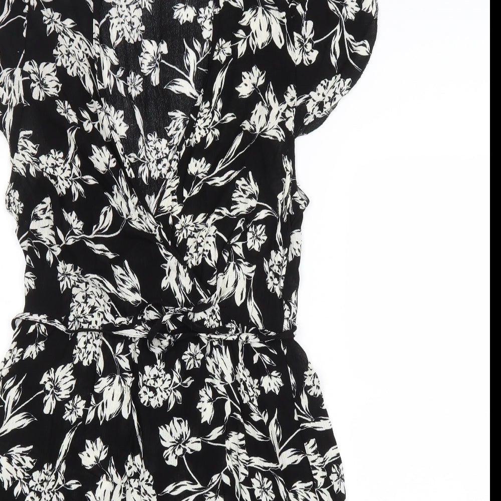 New Look Womens Black Floral Viscose Fit & Flare Size 10 V-Neck Pullover