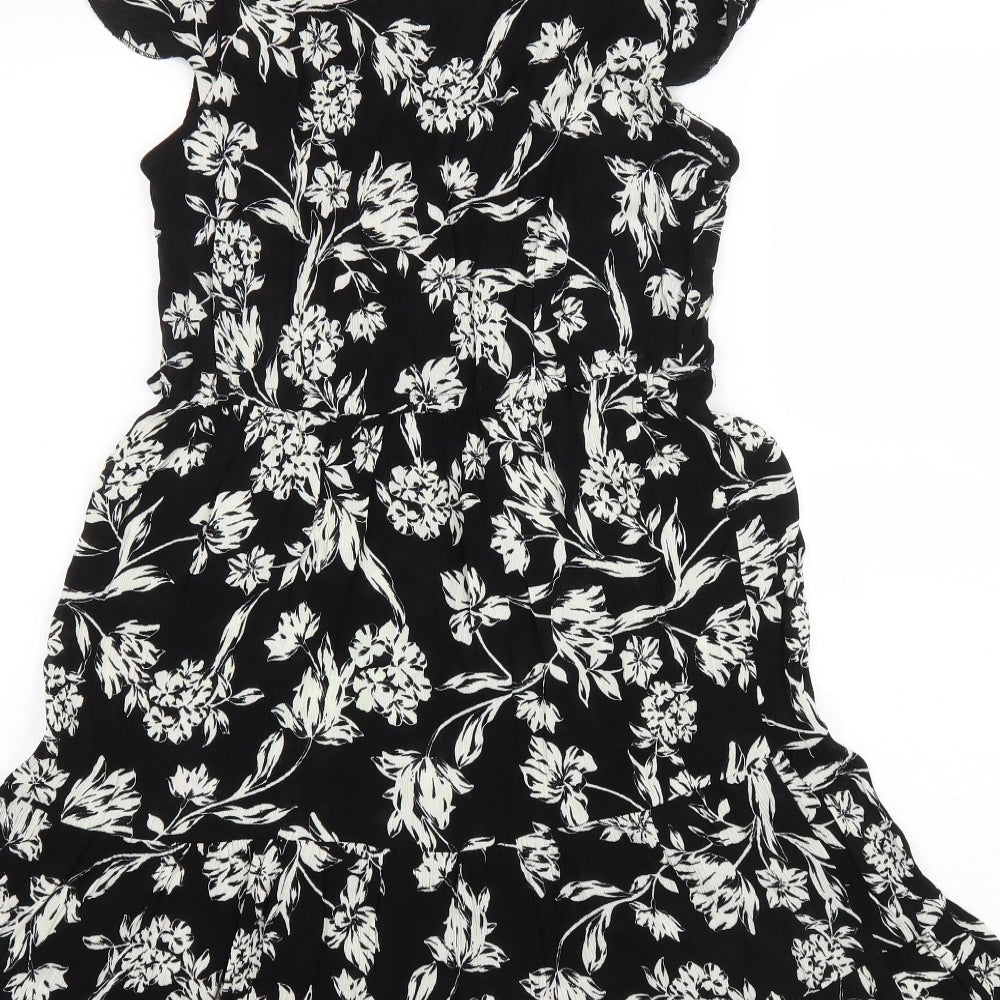 New Look Womens Black Floral Viscose Fit & Flare Size 10 V-Neck Pullover
