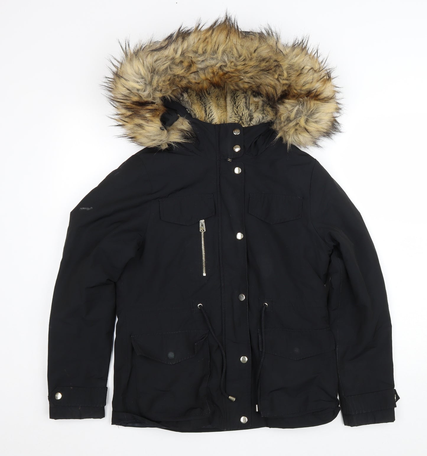 Topshop Womens Black Parka Coat Size 8 Zip - Removable fur trim