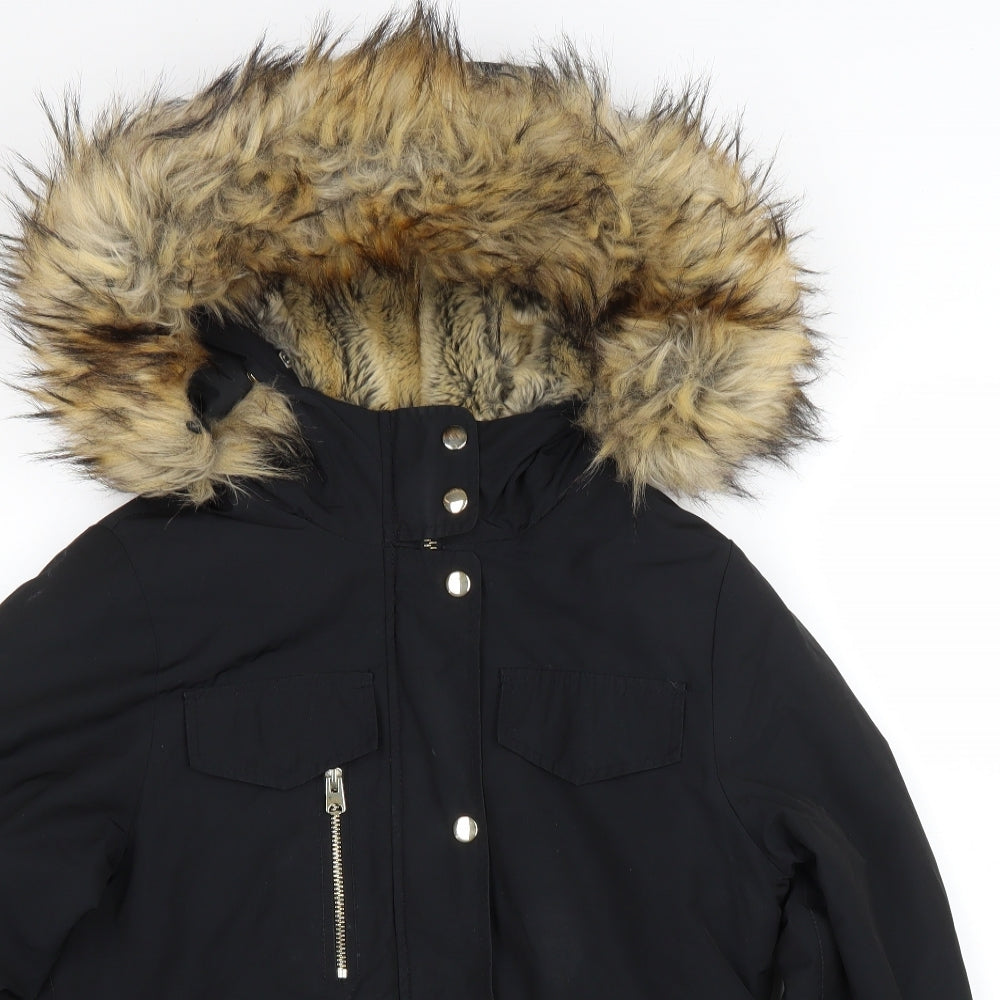 Topshop Womens Black Parka Coat Size 8 Zip - Removable fur trim
