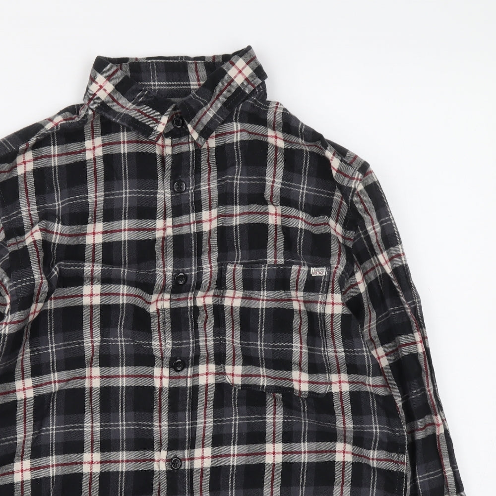 JACK & JONES VINTAGE Womens Grey Plaid 100% Cotton Basic Button-Up Size S Collared