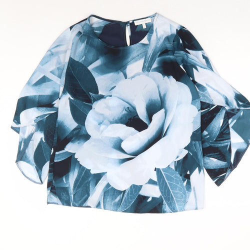Rocha John Rocha Womens Blue Floral Polyester Basic Blouse Size 10 Round Neck