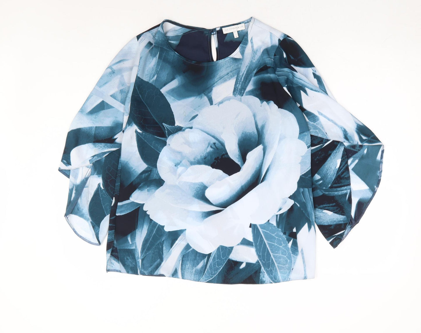 Rocha John Rocha Womens Blue Floral Polyester Basic Blouse Size 10 Round Neck