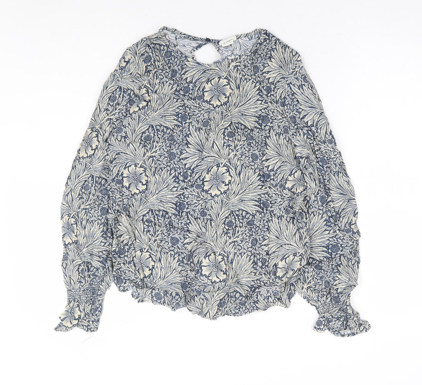 H&M x Morris & Co Womens Blue Floral Viscose Basic Blouse Size 12 Round Neck