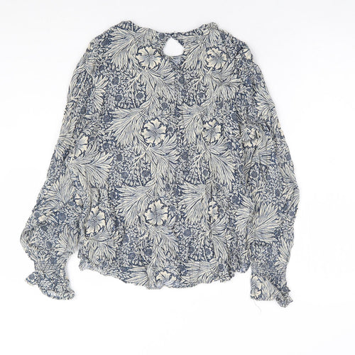 H&M x Morris & Co Womens Blue Floral Viscose Basic Blouse Size 12 Round Neck