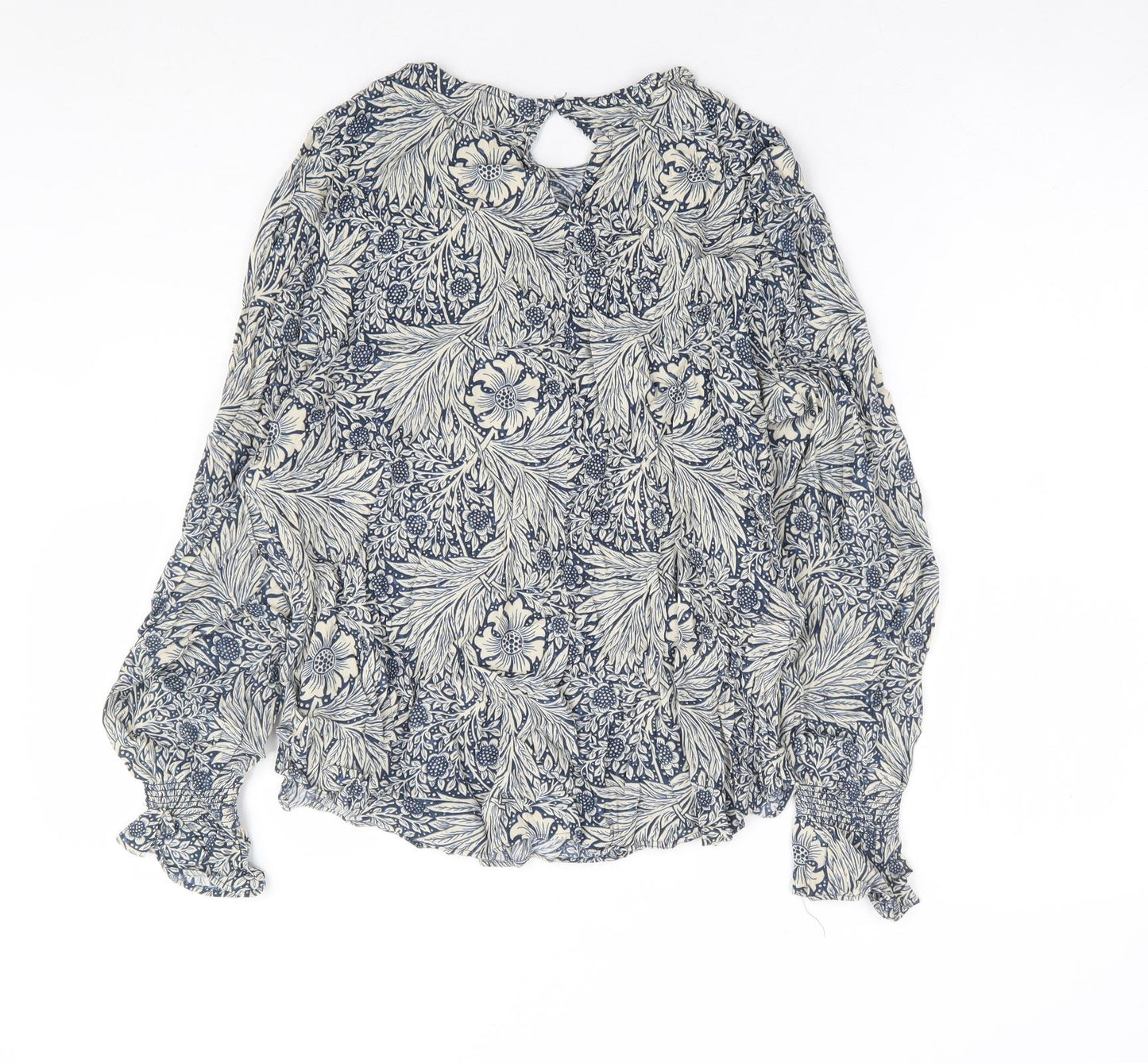 H&M x Morris & Co Womens Blue Floral Viscose Basic Blouse Size 12 Round Neck