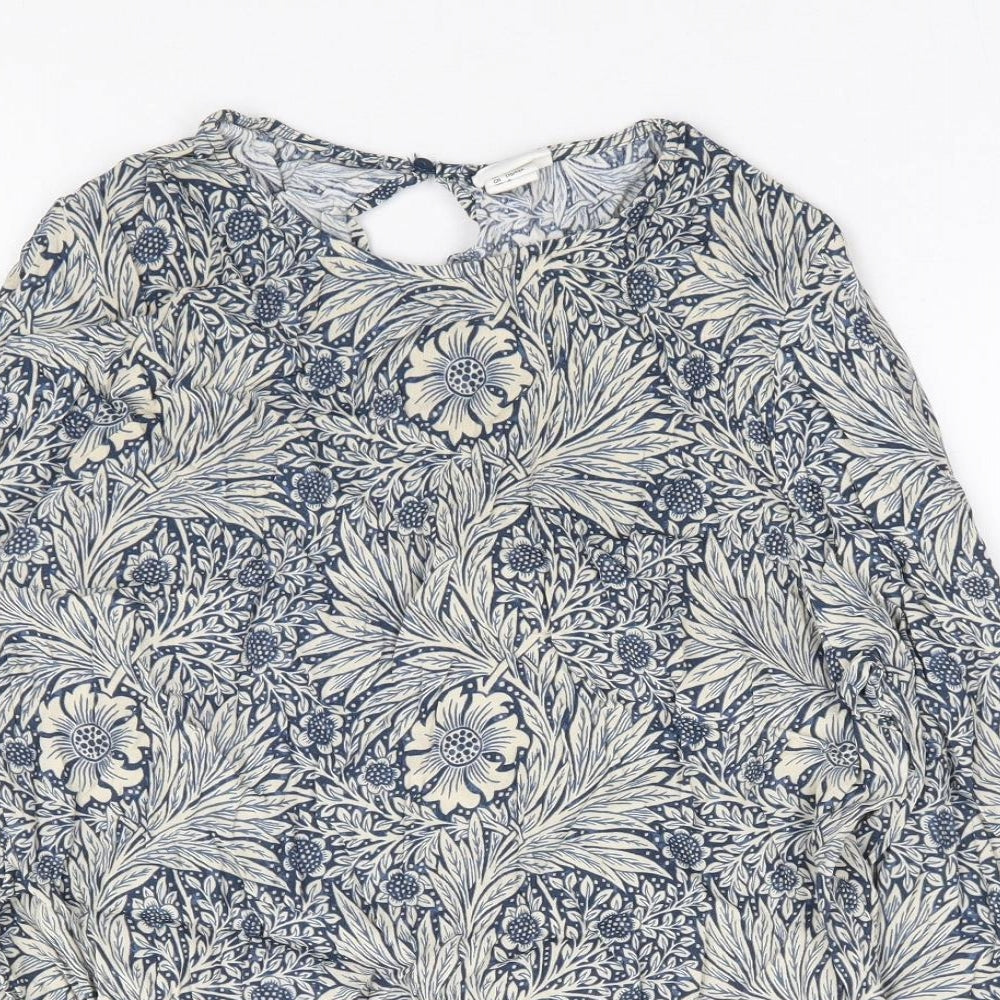H&M x Morris & Co Womens Blue Floral Viscose Basic Blouse Size 12 Round Neck