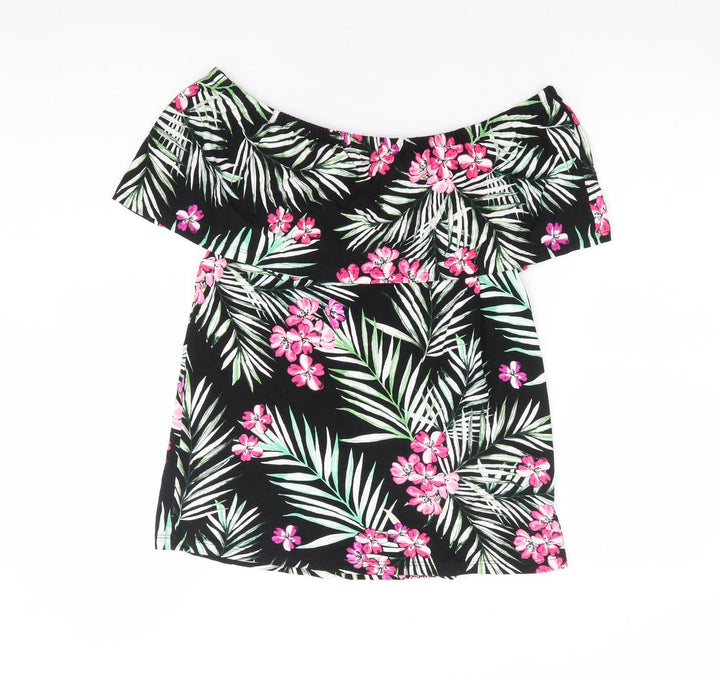 Peacocks Womens Black Floral Viscose Basic Blouse Size 10 Off the Shoulder - Bardot