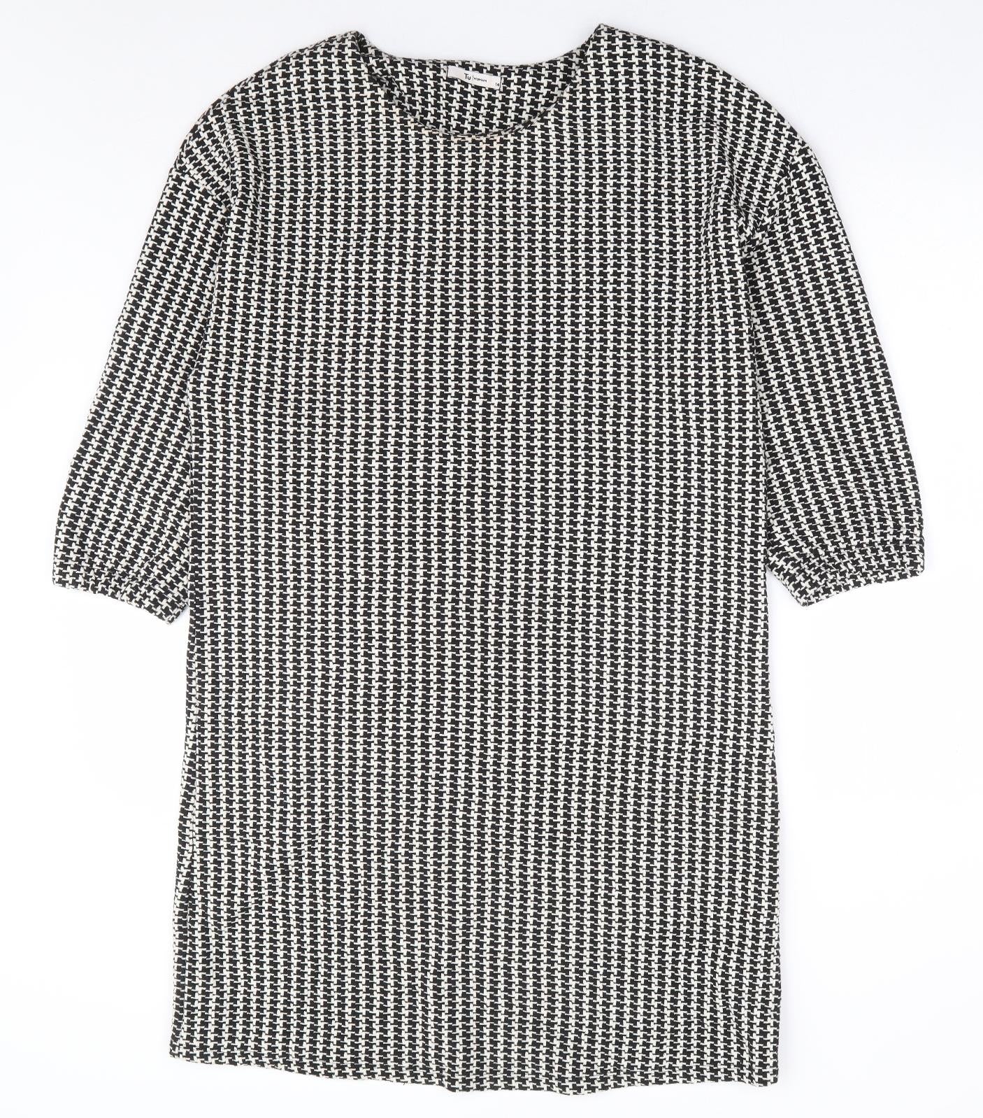 TU Womens Black Herringbone Cotton Shift Size 14 Round Neck Pullover