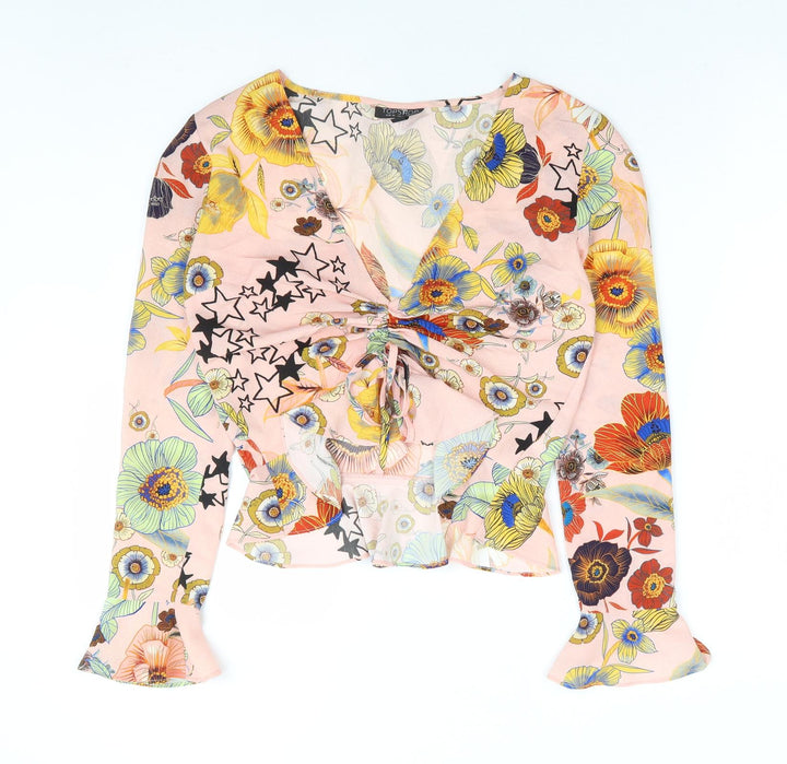 Topshop Womens Pink Floral Polyester Cropped Blouse Size 4 V-Neck - Flute Sleeve