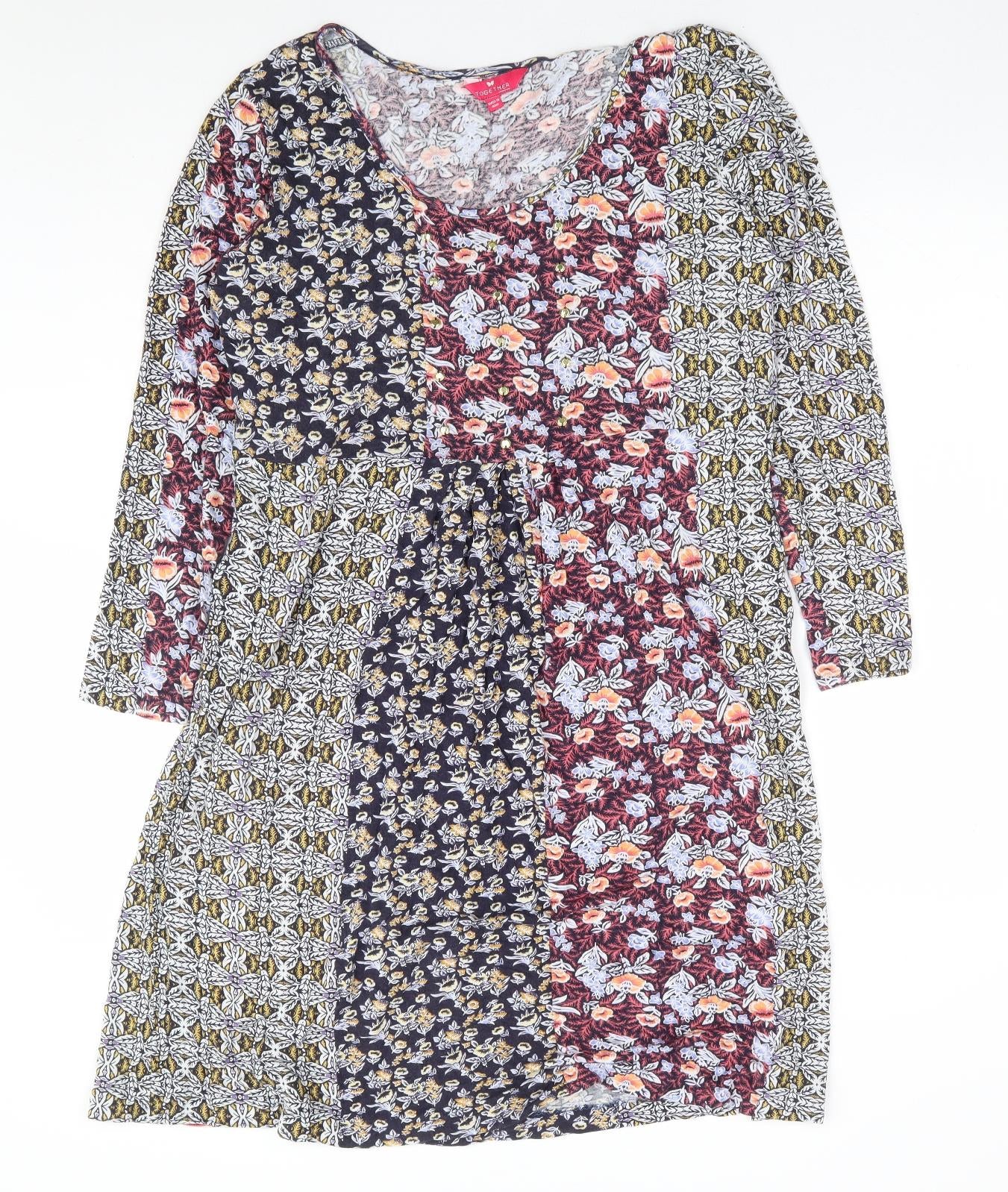 Together Womens Multicoloured Floral Polyester A-Line Size 14 Boat Neck Pullover