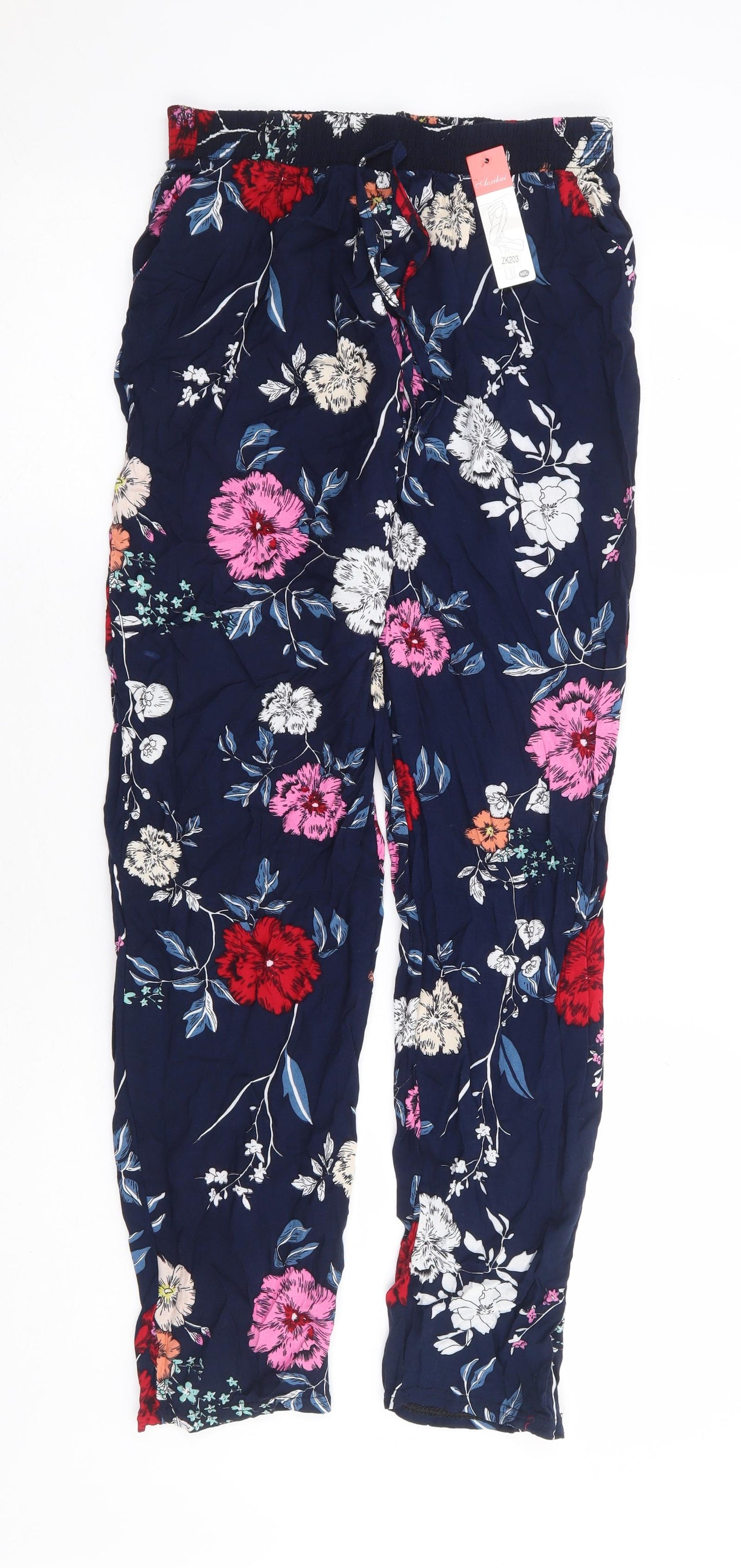 Aoxikai Womens Blue Floral Cotton Trousers Size M L27 in Regular Drawstring