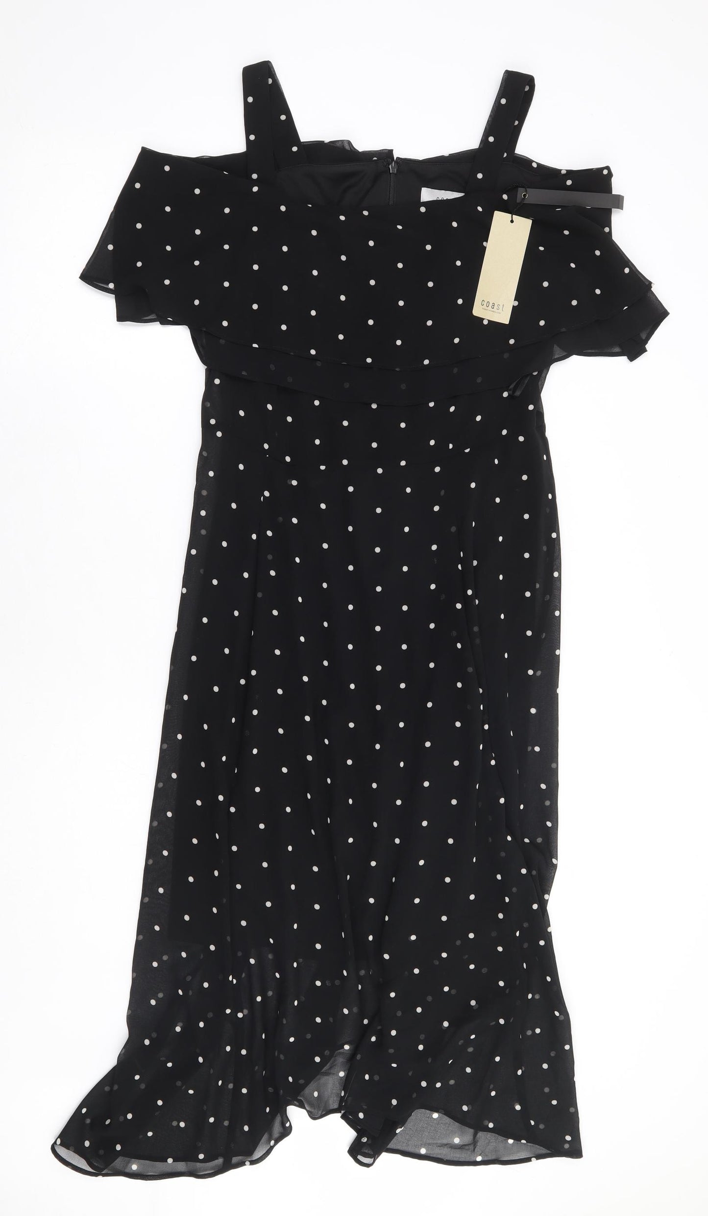 Coast Womens Black Polka Dot Polyester A-Line Size 12 Square Neck Zip - Cold Shoulder Detail