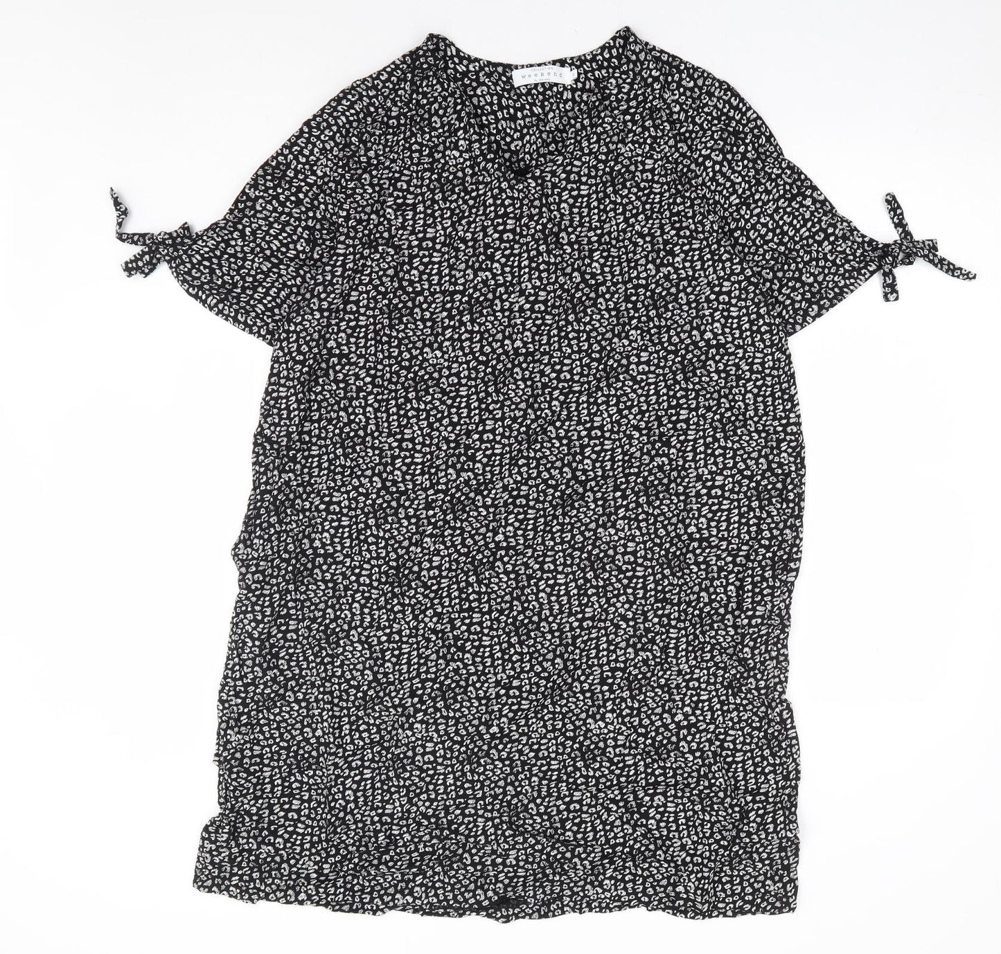 John Lewis Womens Black Animal Print Viscose Shift Size 12 V-Neck Pullover - Leopard Print Tie Sleeve