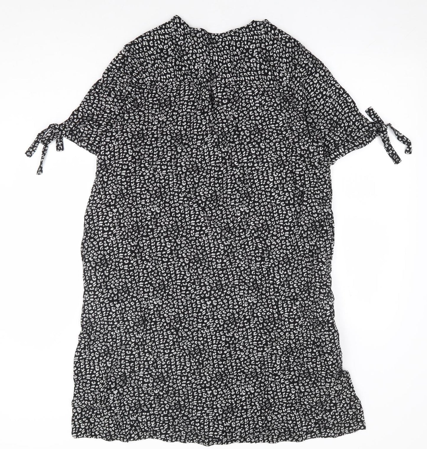 John Lewis Womens Black Animal Print Viscose Shift Size 12 V-Neck Pullover - Leopard Print Tie Sleeve