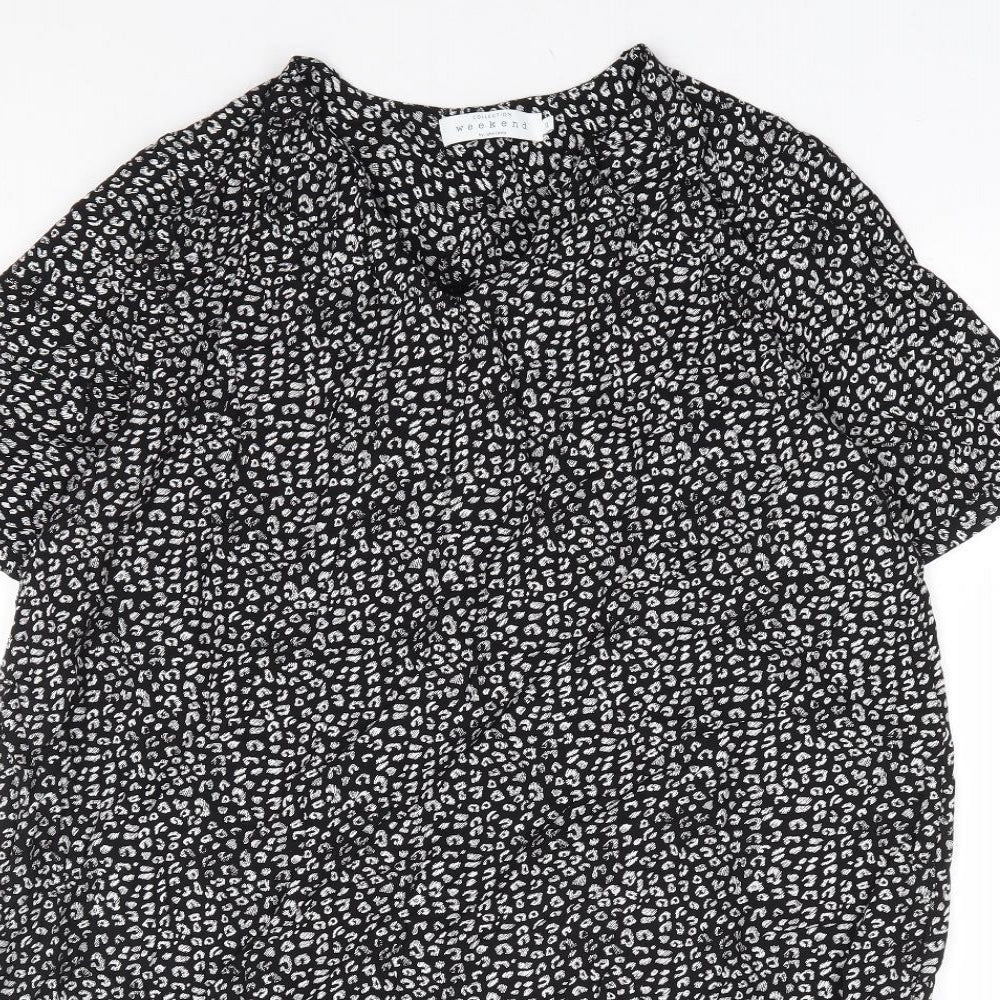 John Lewis Womens Black Animal Print Viscose Shift Size 12 V-Neck Pullover - Leopard Print Tie Sleeve