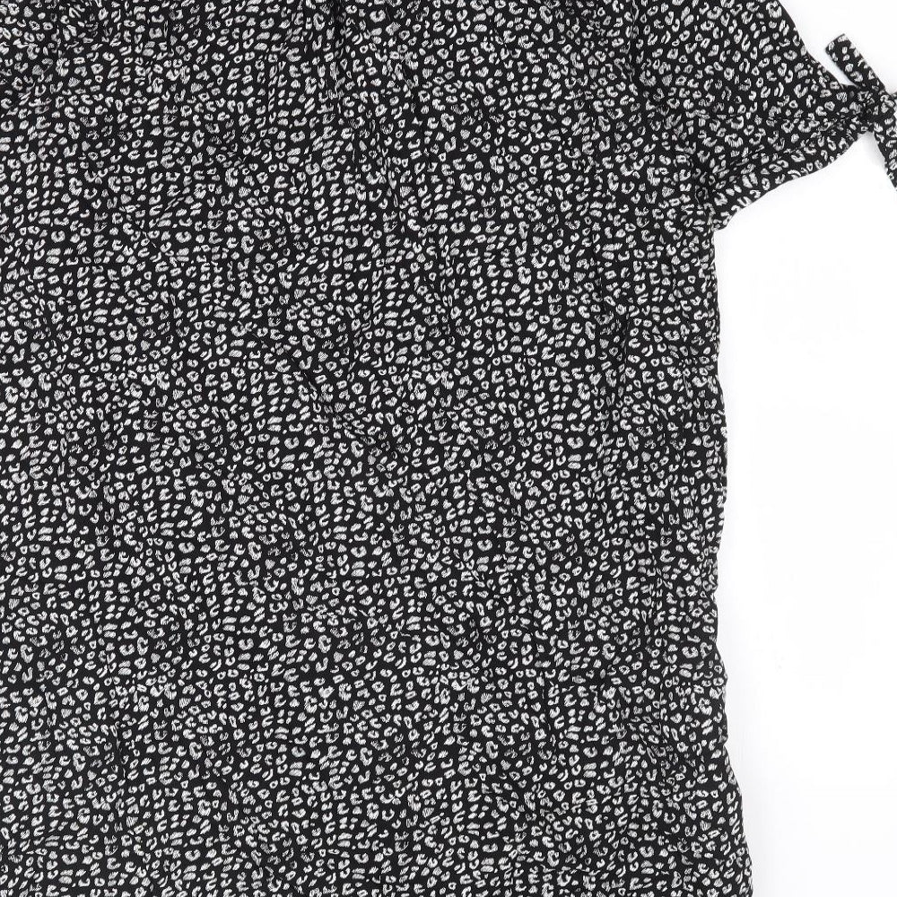 John Lewis Womens Black Animal Print Viscose Shift Size 12 V-Neck Pullover - Leopard Print Tie Sleeve