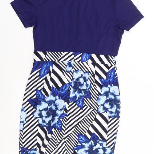Homeyee Womens Blue Geometric Polyester A-Line Size 14 Mock Neck Zip - Knot Neck