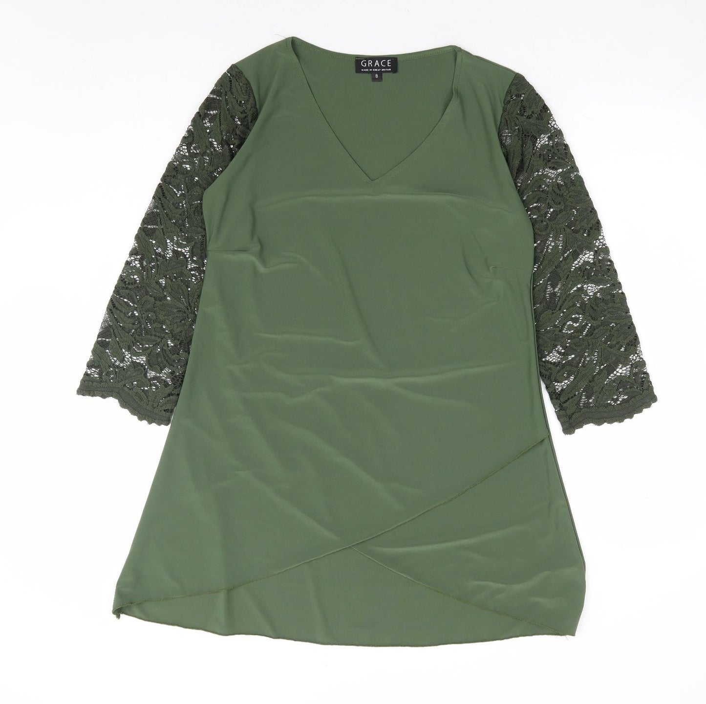 Grace Womens Green Polyester Ringer Blouse Size 8 V-Neck - Lace Sleeve Detail