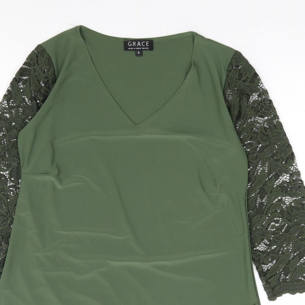 Grace Womens Green Polyester Ringer Blouse Size 8 V-Neck - Lace Sleeve Detail