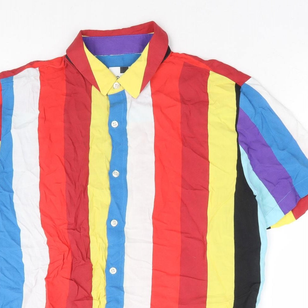 Topman Mens Multicoloured Striped Viscose Button-Up Size M Collared Button