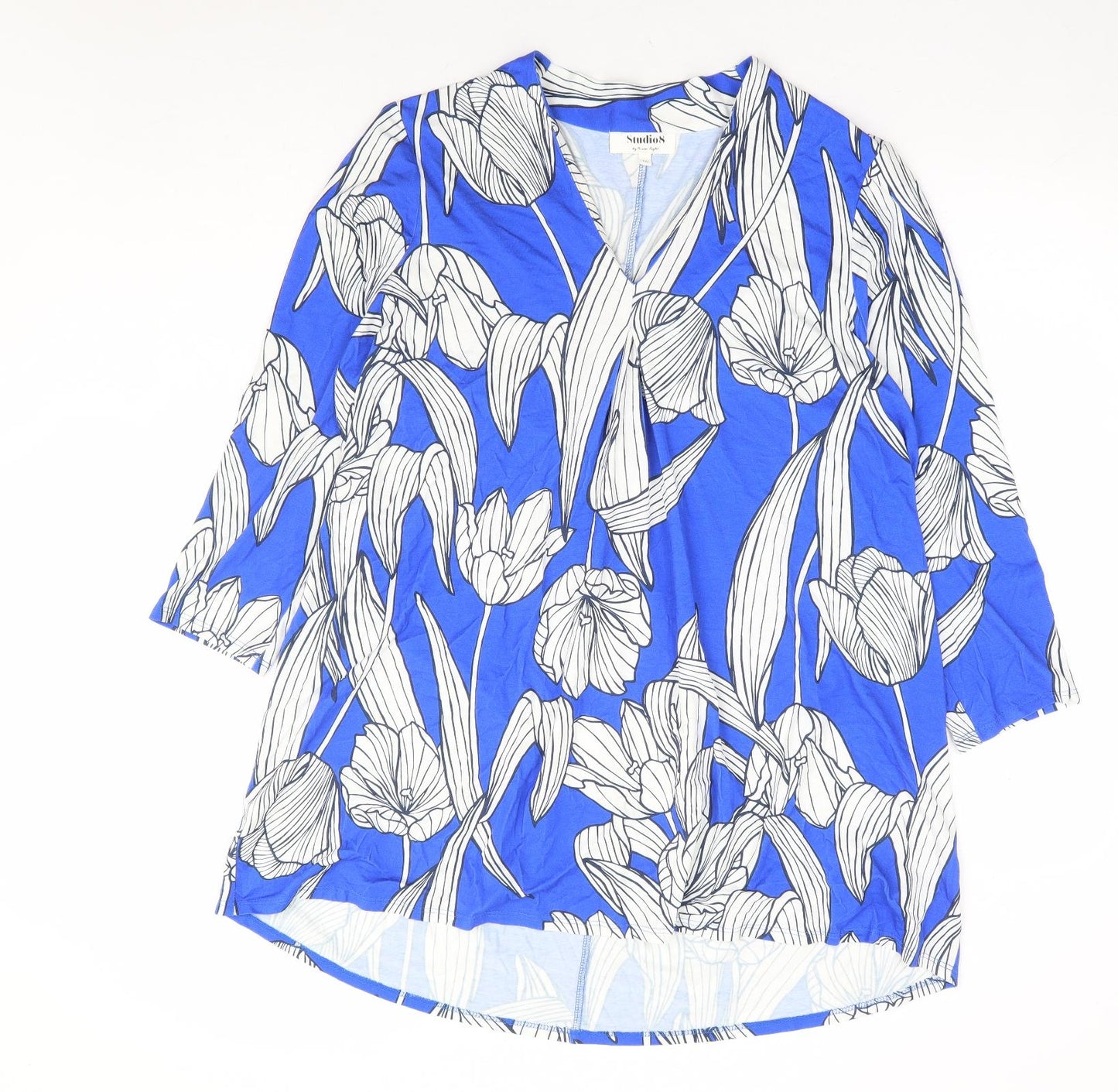 Syudio8 Womens Blue Floral Viscose Basic Blouse Size 16 V-Neck