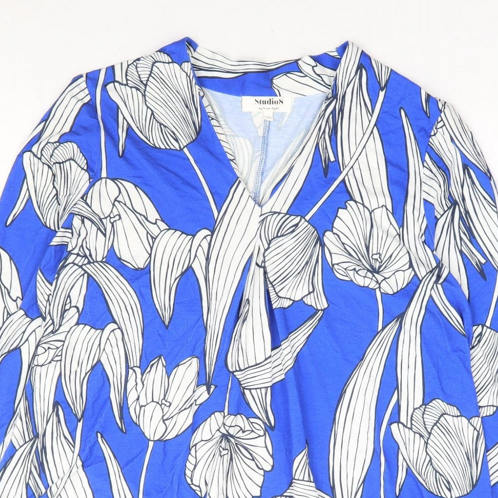 Syudio8 Womens Blue Floral Viscose Basic Blouse Size 16 V-Neck