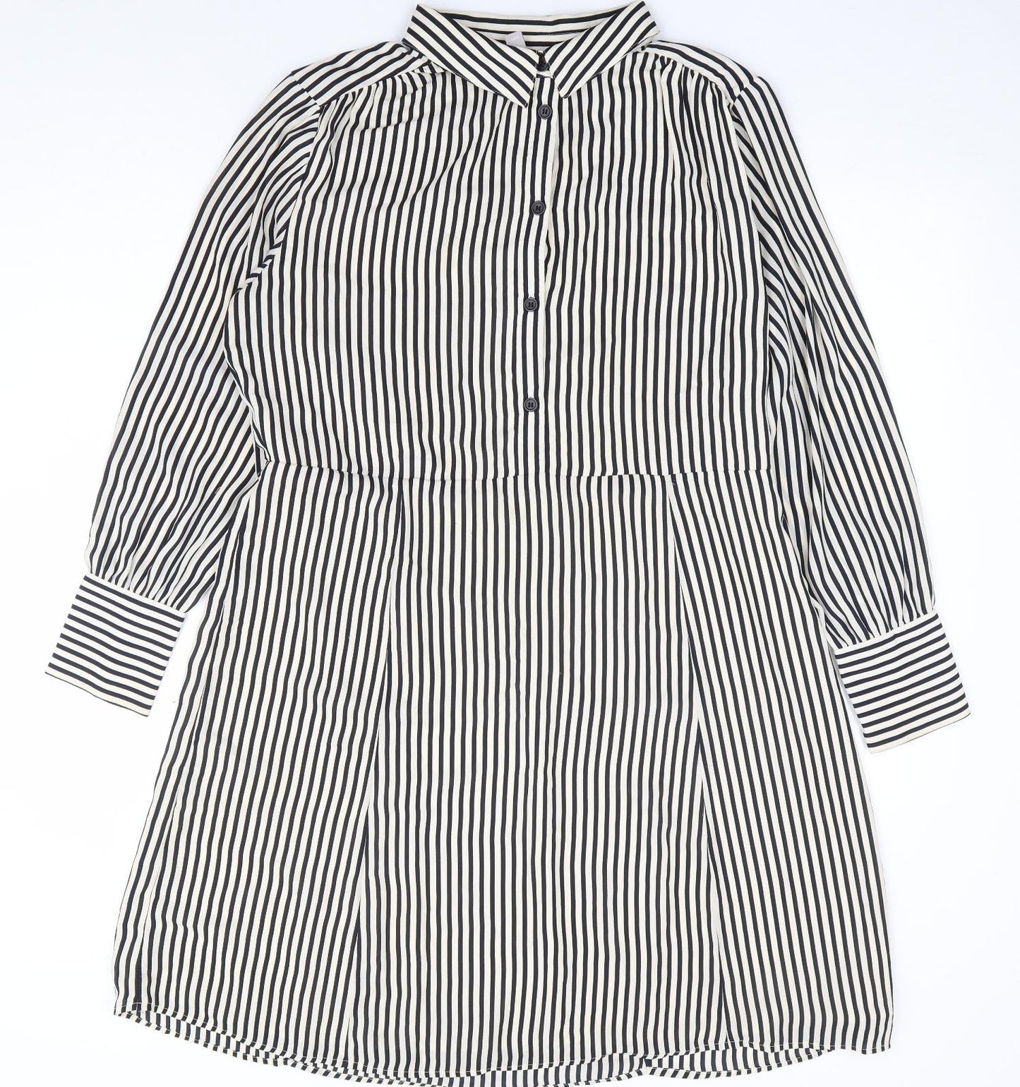H&M Womens Beige Striped Polyester Shirt Dress Size L Collared Zip
