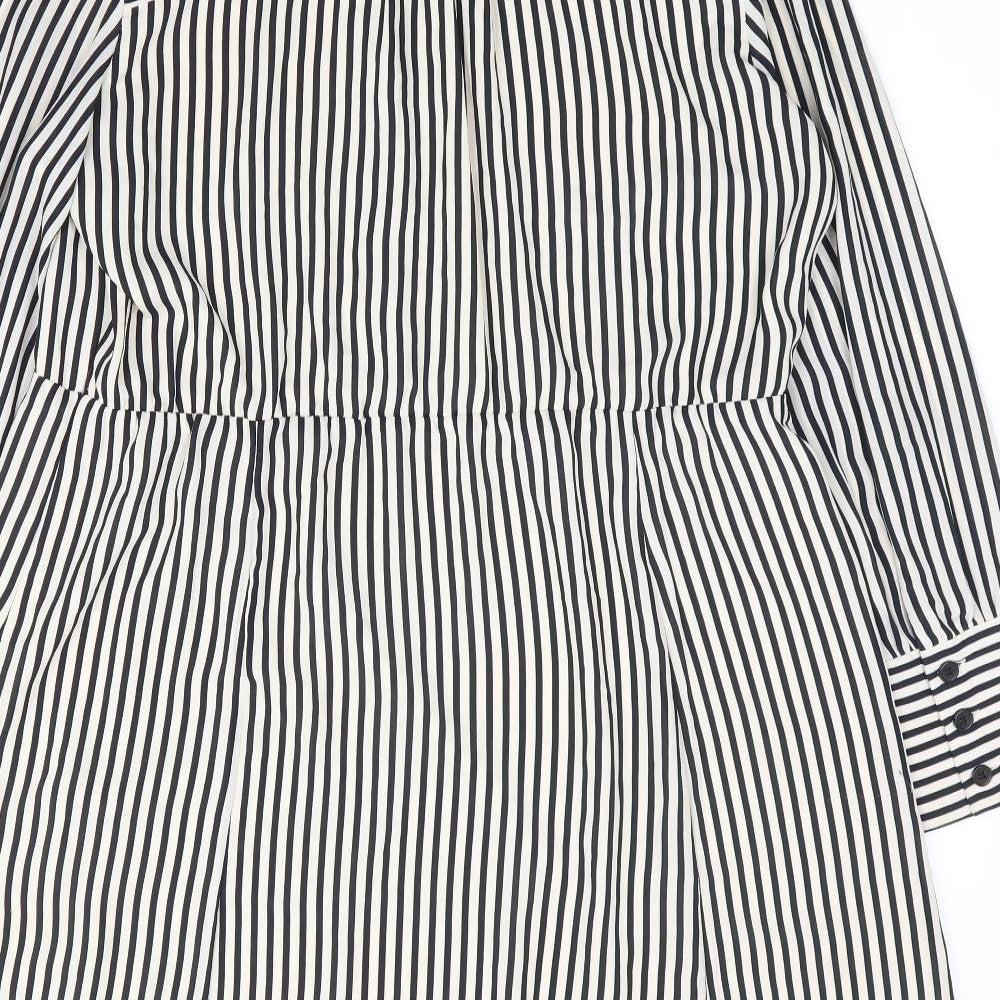 H&M Womens Beige Striped Polyester Shirt Dress Size L Collared Zip
