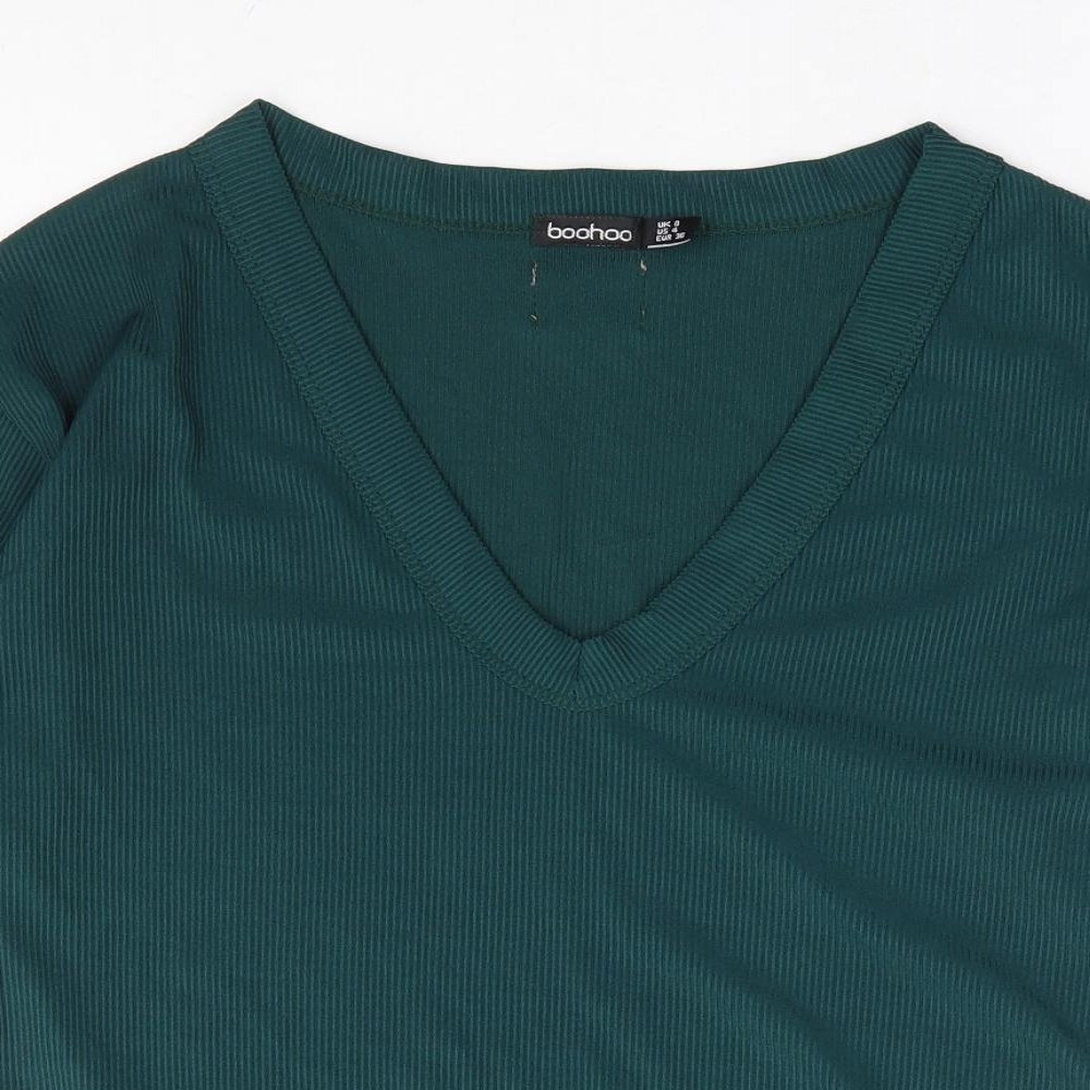 Boohoo Womens Green Polyester Basic T-Shirt Size 8 V-Neck Pullover - Ribbed