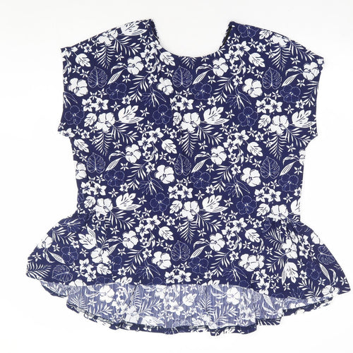 Blue Vanilla Womens Blue Floral Polyester Basic T-Shirt Size L Round Neck