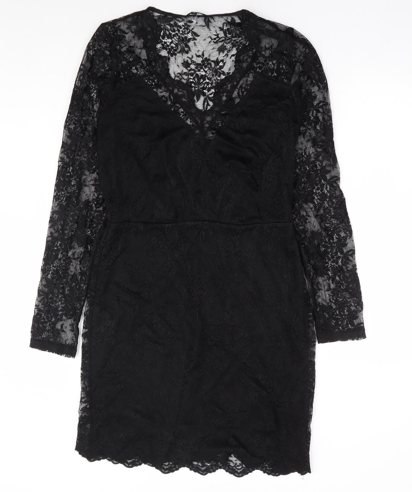 River Island Womens Black Floral Viscose Bodycon Size 14 V-Neck Zip