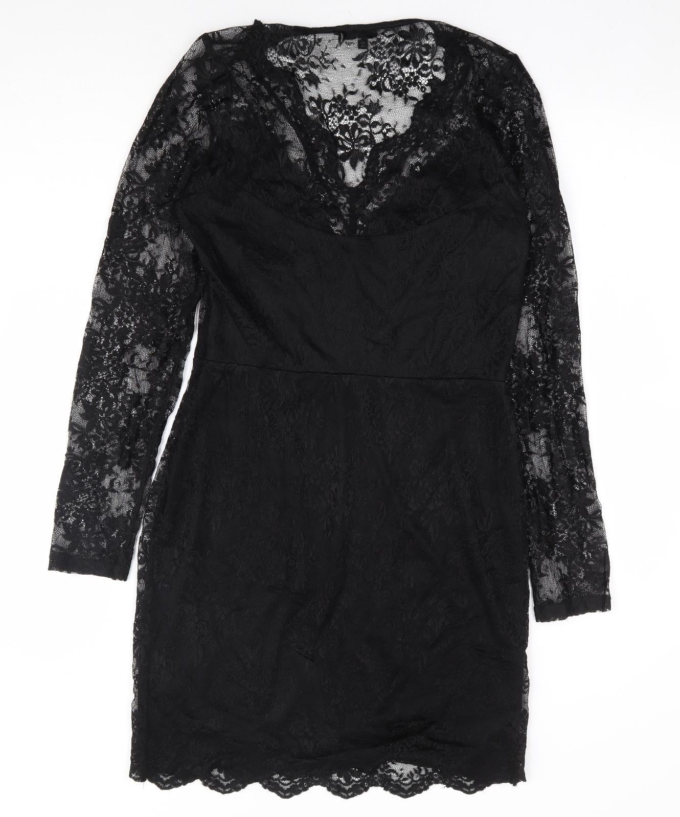 River Island Womens Black Floral Viscose Bodycon Size 14 V-Neck Zip