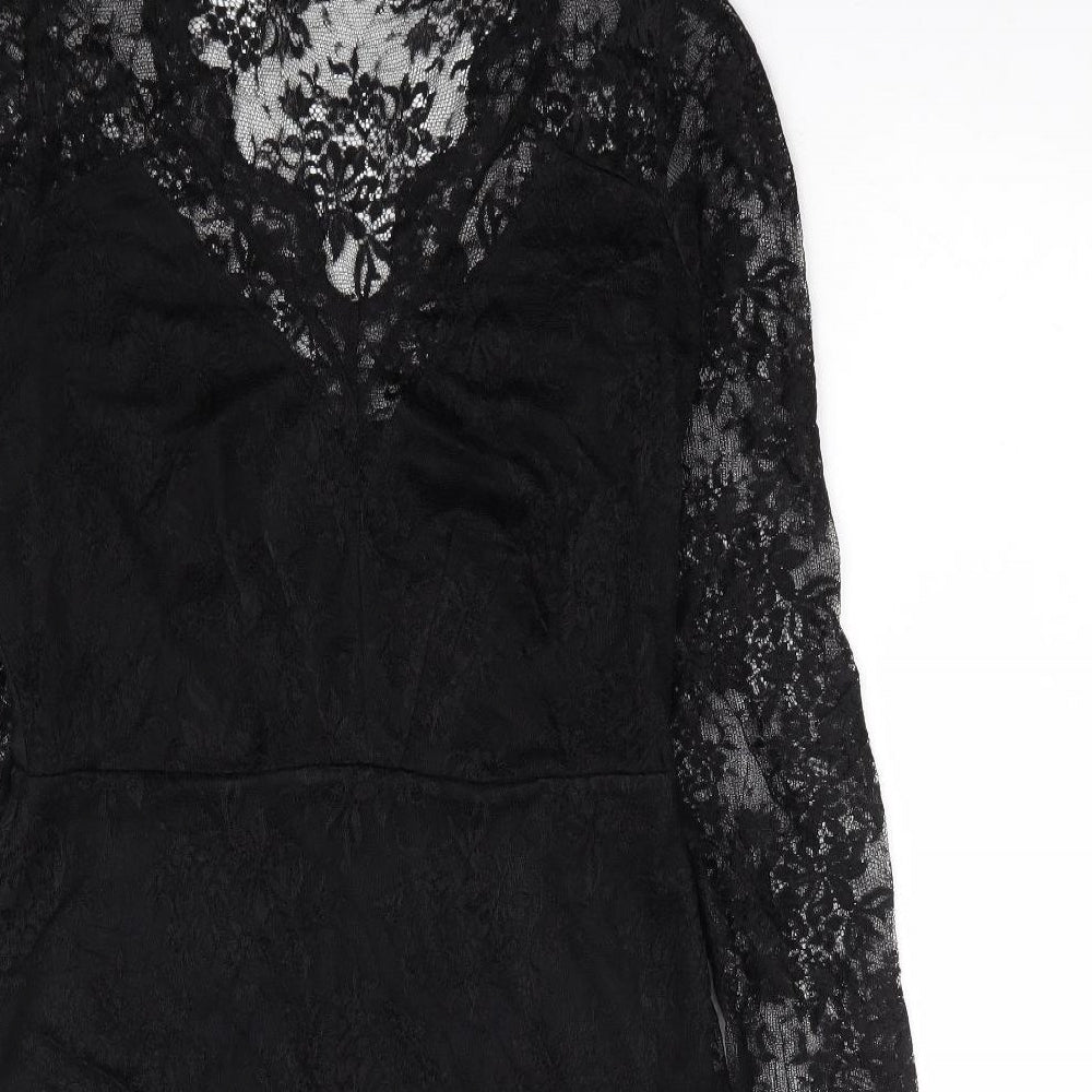 River Island Womens Black Floral Viscose Bodycon Size 14 V-Neck Zip