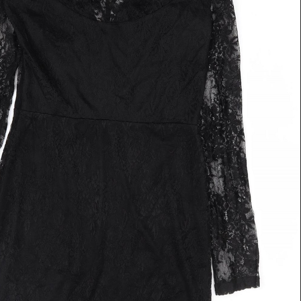 River Island Womens Black Floral Viscose Bodycon Size 14 V-Neck Zip