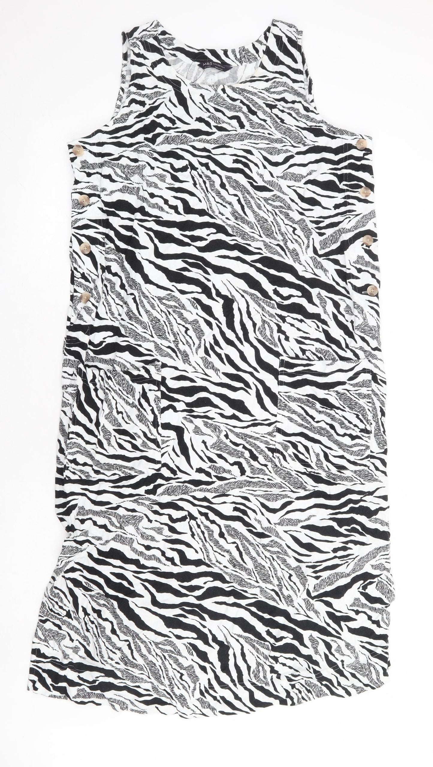 Marks and Spencer Womens Black Animal Print Linen A-Line Size 14 Round Neck Button - Tiger Print