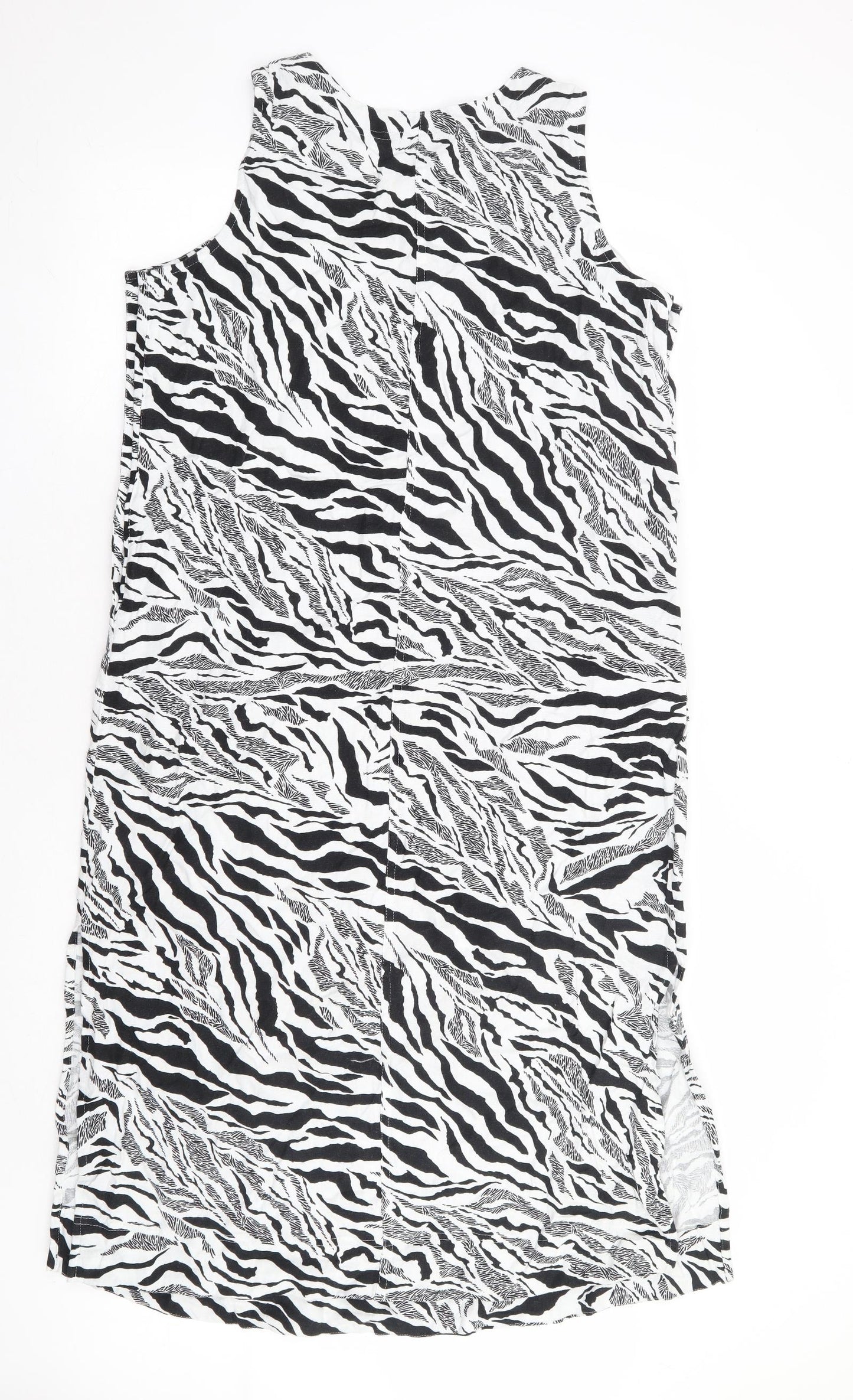 Marks and Spencer Womens Black Animal Print Linen A-Line Size 14 Round Neck Button - Tiger Print