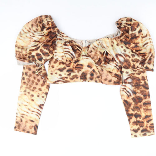 PRETTYLITTLETHING Womens Brown Animal Print Polyester Cropped Blouse Size 8 Boat Neck - Leopard Print